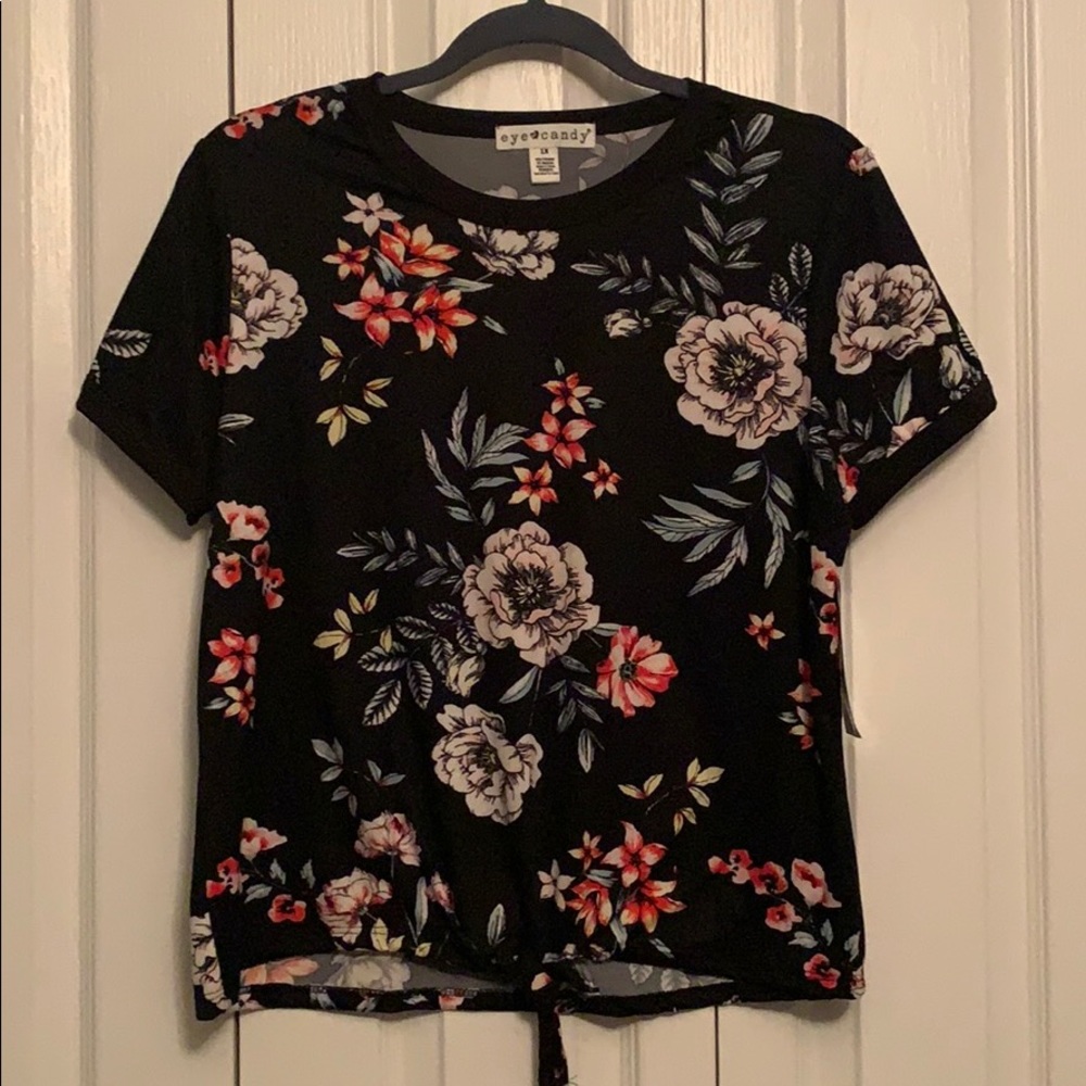 EyeCandy black floral ringer with tie front